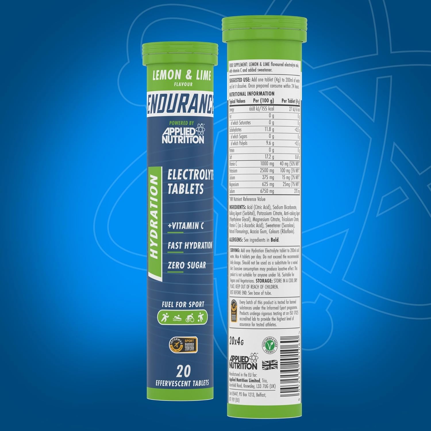 Applied Nutrition Endurance Hydration Electrolyte Tablets Lemon Lime (6 Tubes/Ctn)