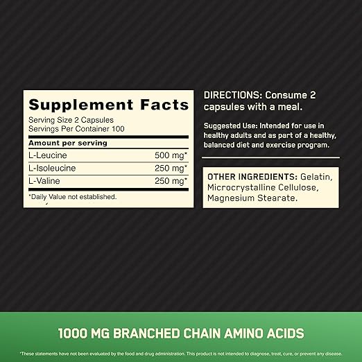 Optimum Nutrition Instantized BCAA Branched Chain Essential Amino Acids Capsules, 1000mg, 200 Capsules
