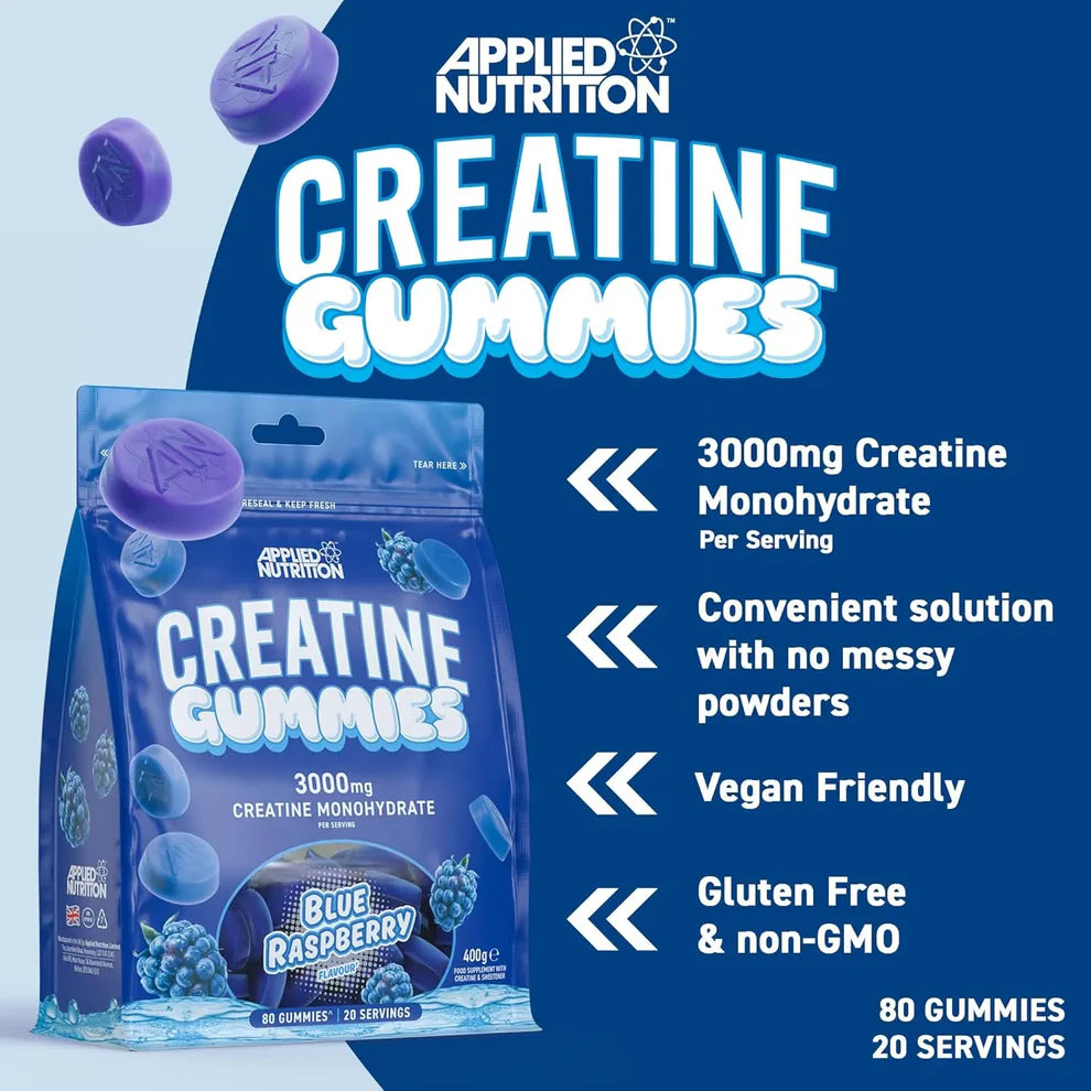Applied Nutrition Creatine Monohydrate Gummies Blue Raspberry (80 Gummies, 20 Servings)