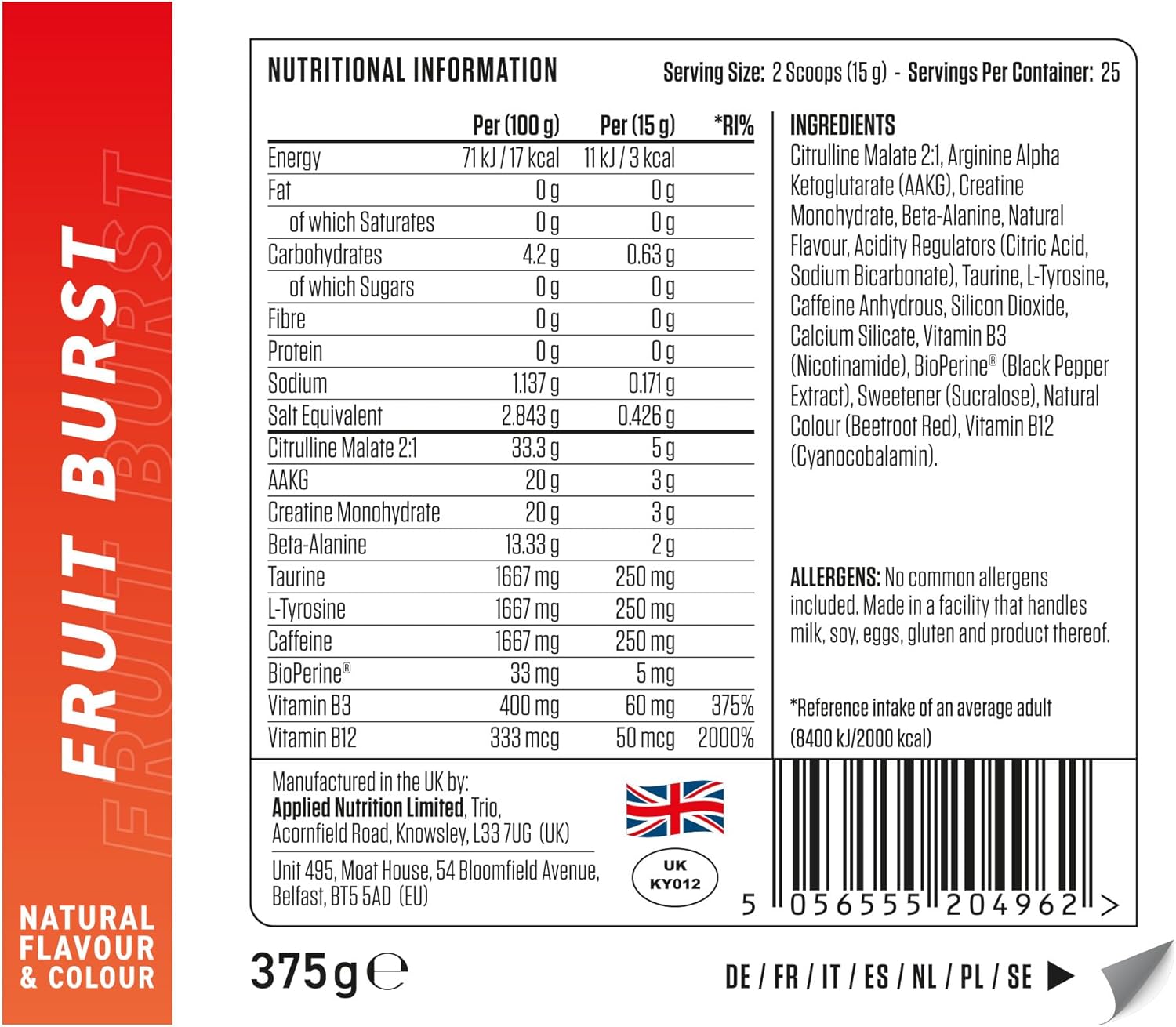 Applied Nutrition Pump 3G - Pre Workout with Caffeine (Fruit Burst)